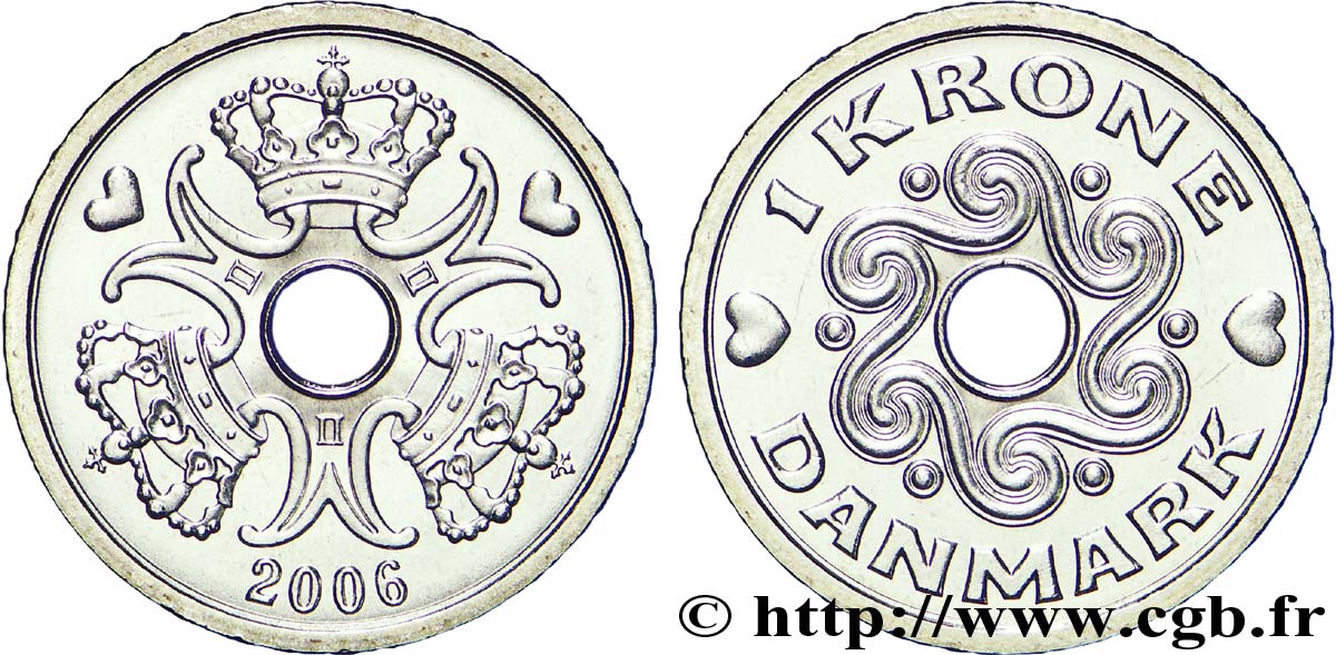 DINAMARCA 1 Krone couronnes et monograme de la reine Margrethe II 2006 Copenhague SC 