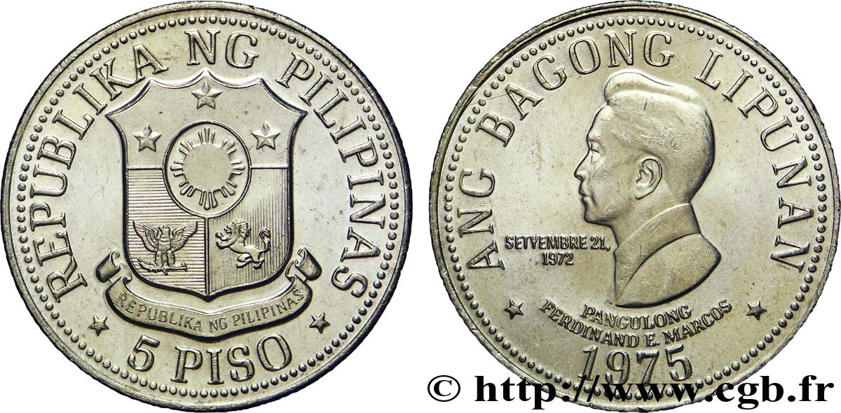 FILIPPINE 5 Piso emblème / Ferdinand Marcos 1975 Sherritt SPL 