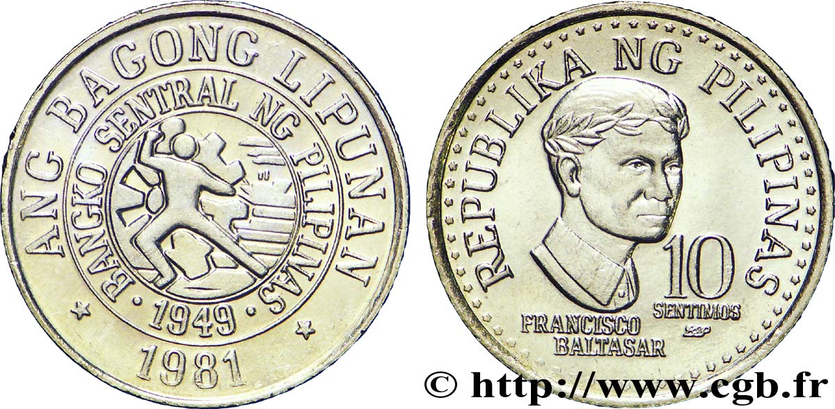 FILIPINAS 10 Sentimos sceau de la banque Centrale / Francisco Baltasez 1981  SC 
