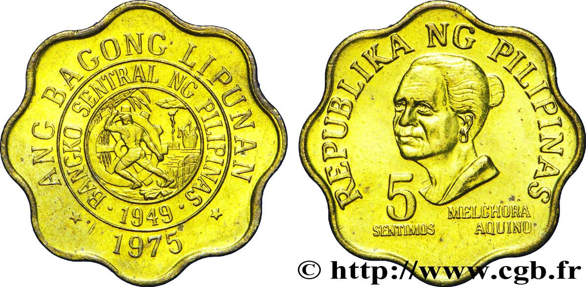 PHILIPPINEN 5 Sentimos sceau de la banque Centrale / Melchora Aquino 1975  fST 