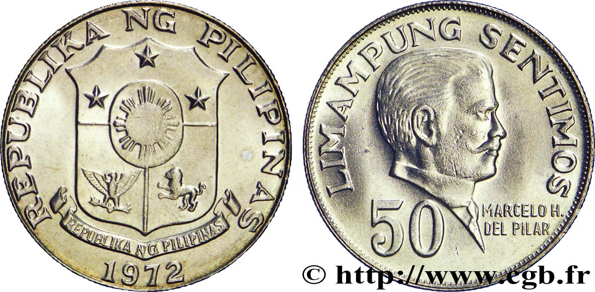 PHILIPPINES 50 Sentimos emblème / Marcelo H de Pilar 1972  MS 