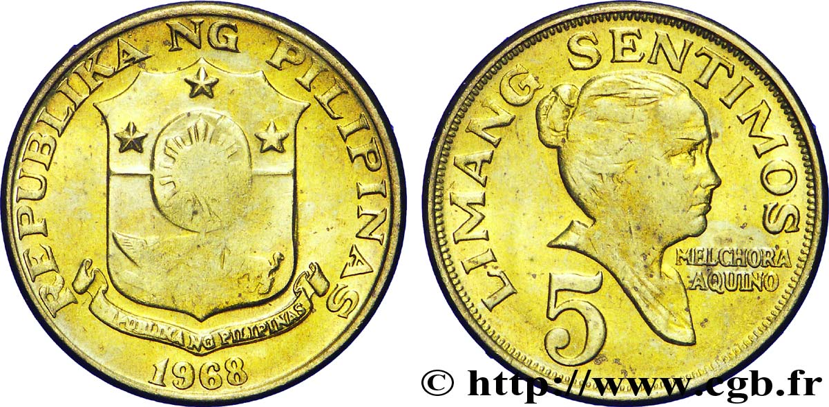 PHILIPPINEN 5 Sentimos emblème / Melchora Aquino 1968  VZ 