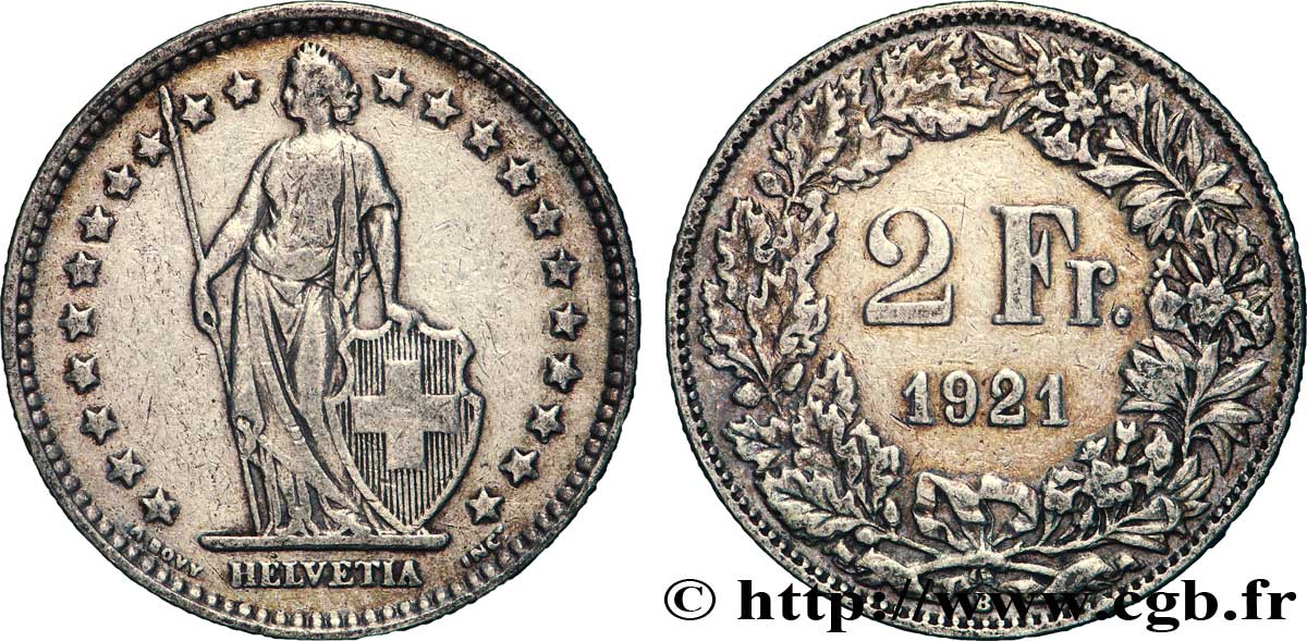 SWITZERLAND 2 Francs Helvetia 1921 Berne XF 