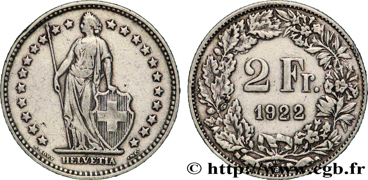 SWITZERLAND 2 Francs Helvetia 1922 Berne - B XF 