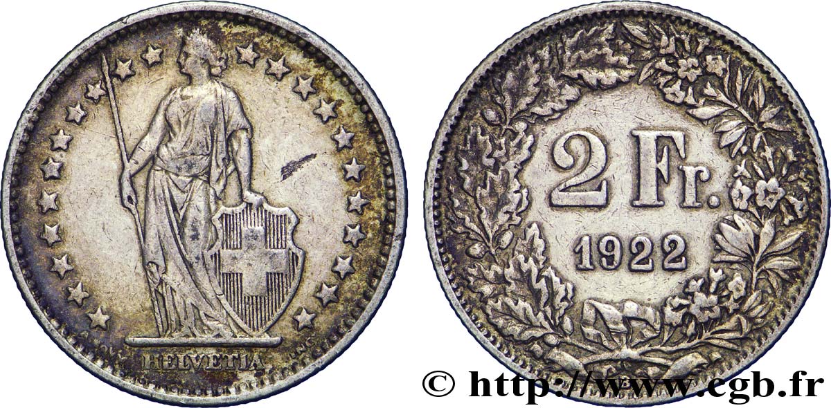 SWITZERLAND 2 Francs Helvetia 1922 Berne - B XF 
