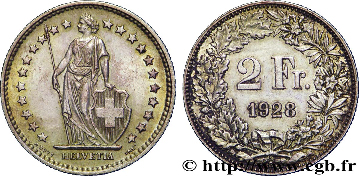 SWITZERLAND 2 Francs Helvetia 1928 Berne - B AU 