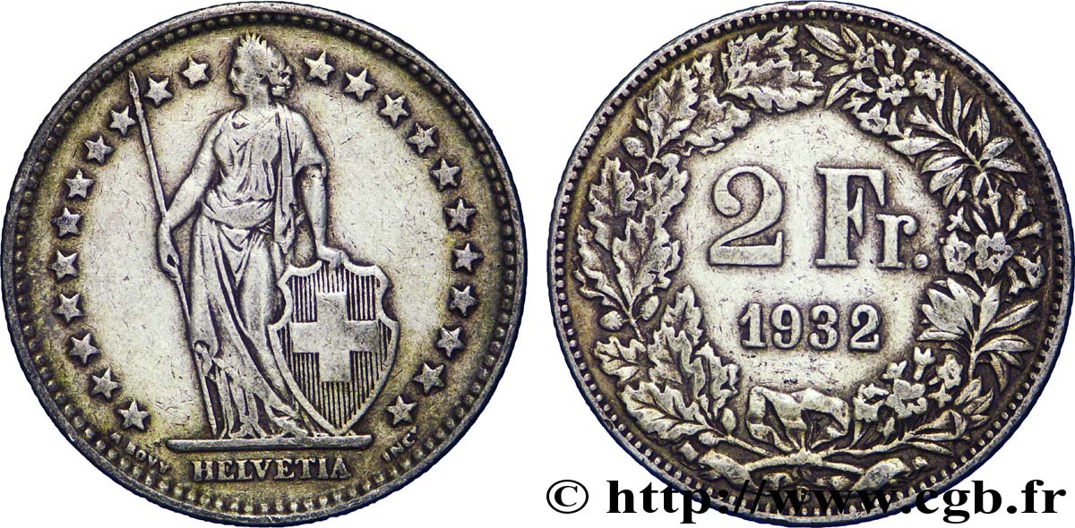 SWITZERLAND 2 Francs Helvetia 1932 Berne - B VF 