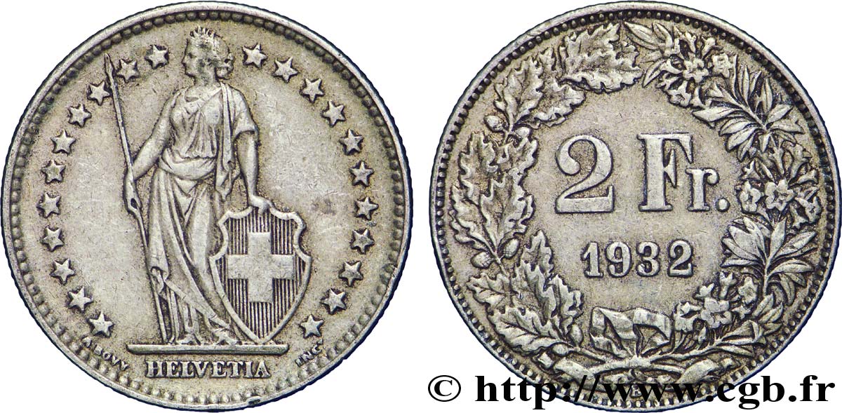 SWITZERLAND 2 Francs Helvetia 1932 Berne - B XF 