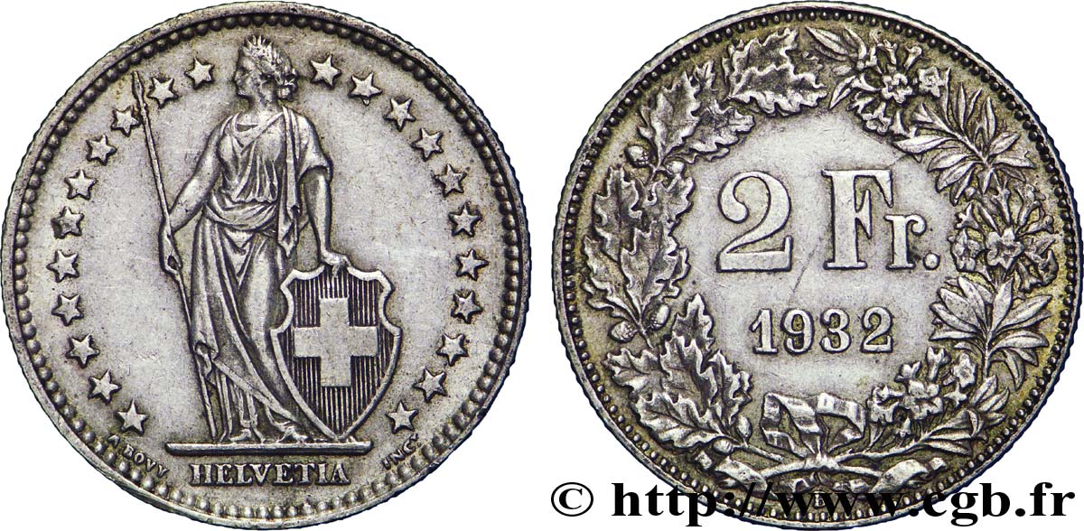 SWITZERLAND 2 Francs Helvetia 1932 Berne - B AU 
