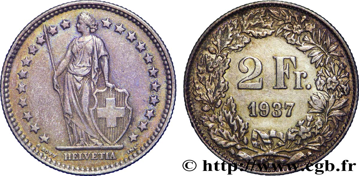 SWITZERLAND 2 Francs Helvetia 1937 Berne - B XF 