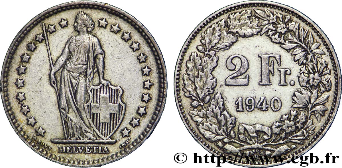 SWITZERLAND 2 Francs Helvetia 1940 Berne - B VF 