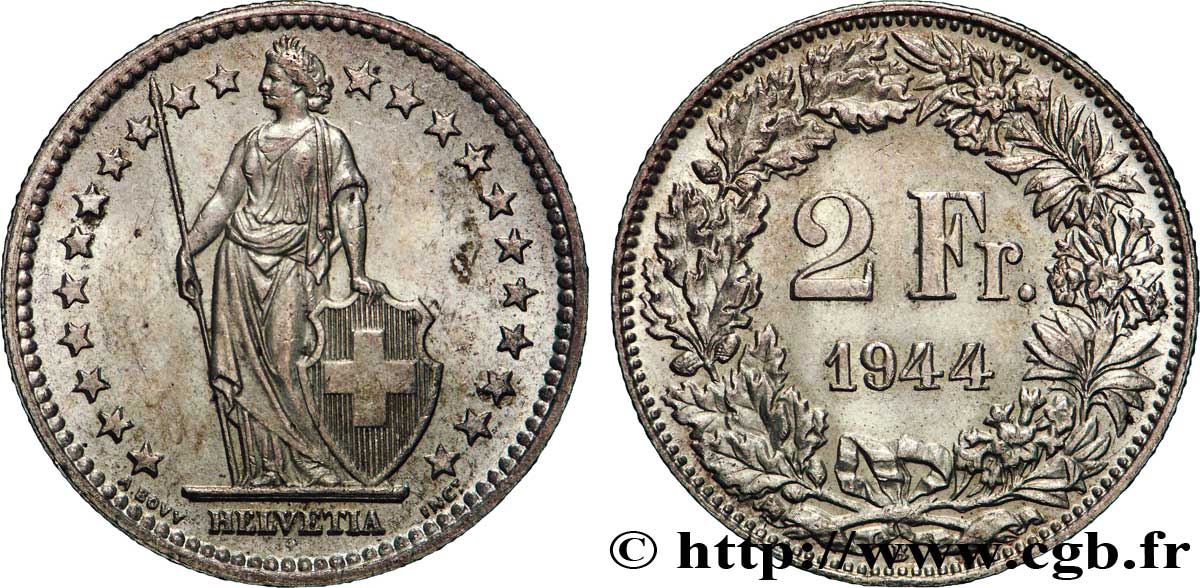 SWITZERLAND 2 Francs Helvetia 1944 Berne - B AU 