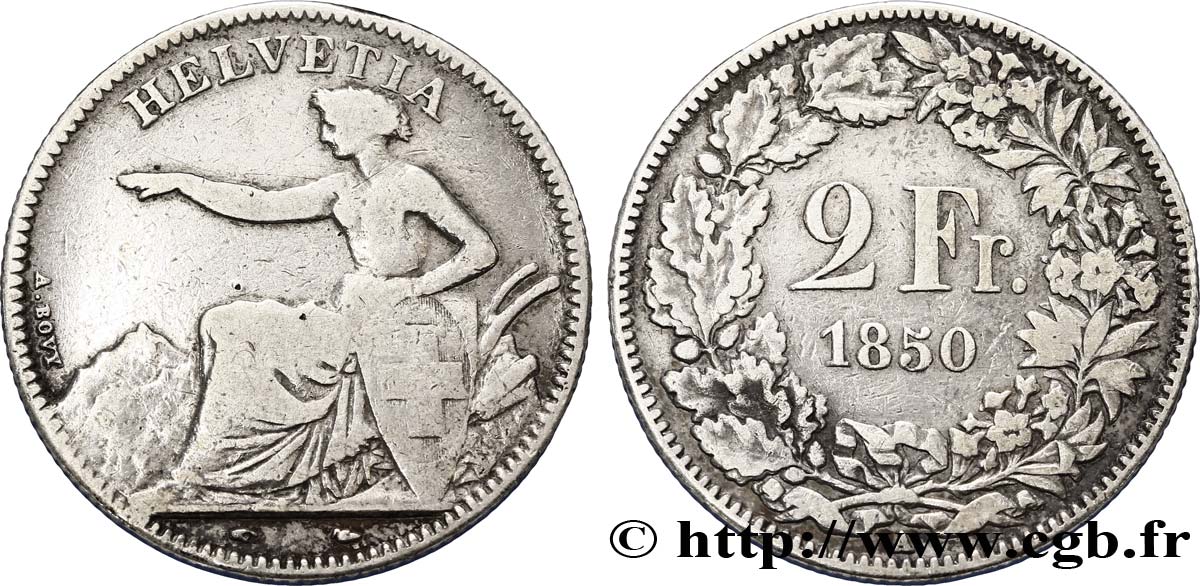 SVIZZERA  2 Francs Helvetia 1850 Paris MB 
