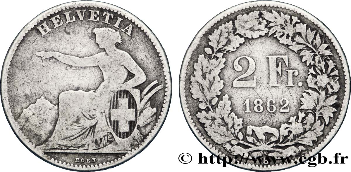 SCHWEIZ 2 Francs Helvetia 1862 Berne - B S/SS 