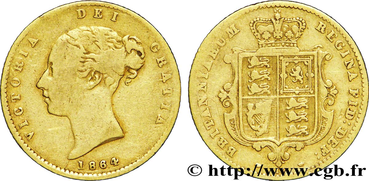ROYAUME-UNI 1/2 Souverain, (half sovereign), coin n°13 1864 Londres TB 