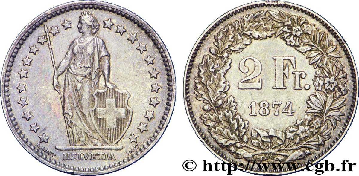 SWITZERLAND 2 Francs Helvetia 1874 Berne - B AU 
