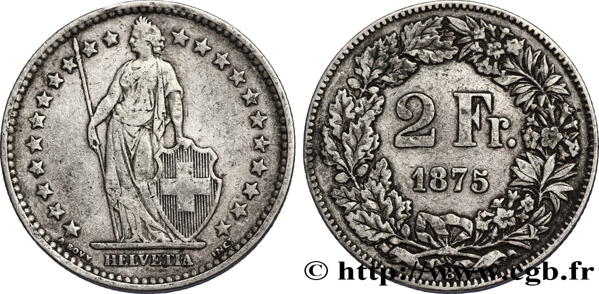 SUIZA 2 Francs Helvetia 1875 Berne - B BC+ 
