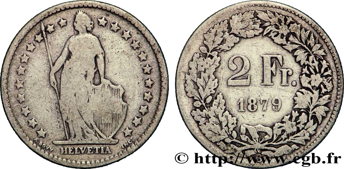 SUIZA 2 Francs Helvetia 1879 Berne BC 