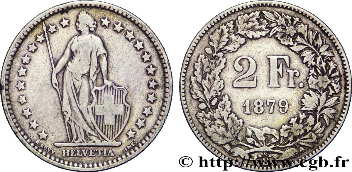 SWITZERLAND 2 Francs Helvetia 1879 Berne - B VF 