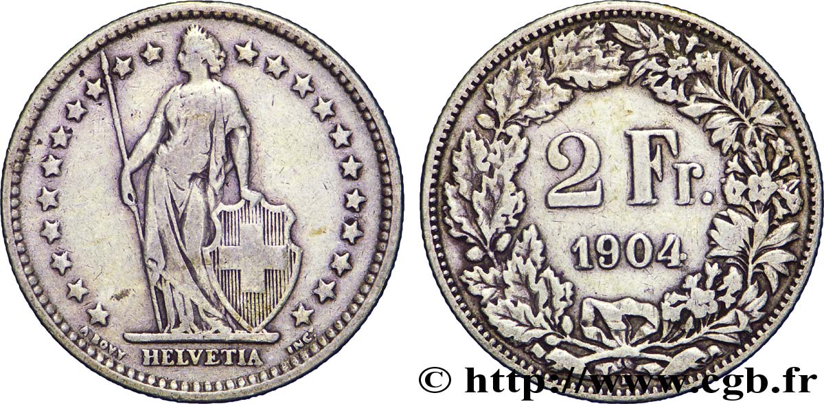 SWITZERLAND 2 Francs Helvetia 1904 Berne - B VF 