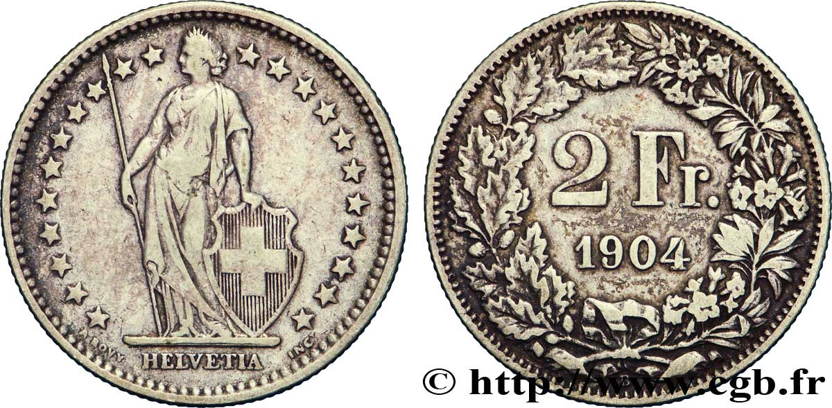 SWITZERLAND 2 Francs Helvetia 1904 Berne - B XF 
