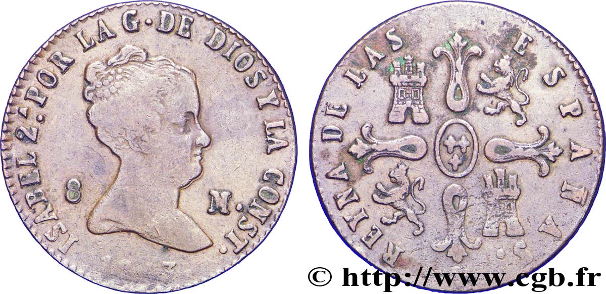 ESPAGNE 8 Maravedis Isabelle II 1843 Ségovie TB 
