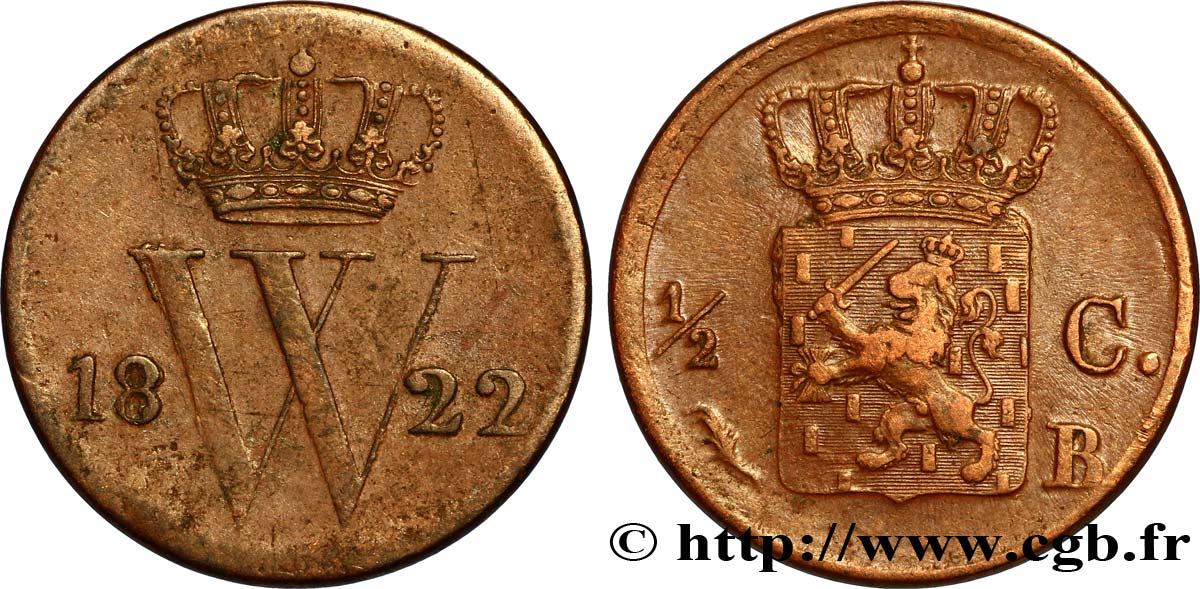 PAESI BASSI 1/2 Cent  emblème monogramme de William Ier 1822 Bruxelles BB 