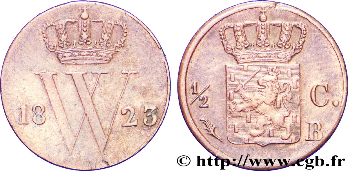 PAESI BASSI 1/2 Cent  emblème monogramme de William Ier 1823 Bruxelles BB 