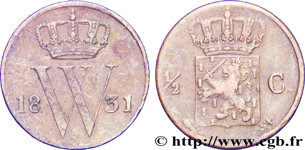 NETHERLANDS 1/2 Cent  emblème monogramme de William Ier 1831 Utrecht VF 