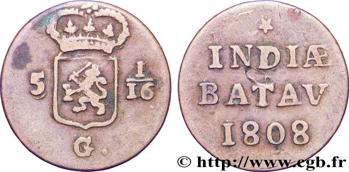 NETHERLANDS INDIES 5 1/16 Gulden (1 Duit) écu couronné des Pays-Bas 1808 Enkhuizen VF 