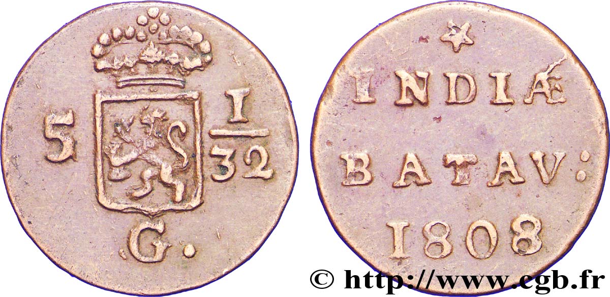 NETHERLANDS INDIES 5 1/32 Gulden (1/2 Duit) écu couronné des Pays-Bas 1808 Enkhuizen XF 