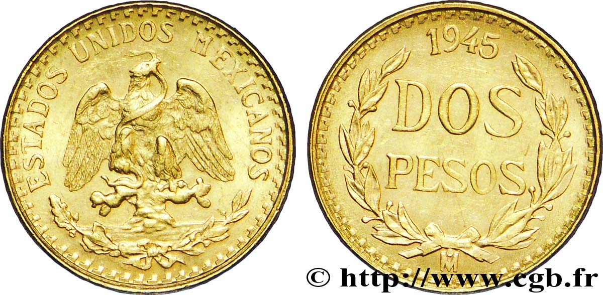 MEXIKO 2 Pesos or Aigle du Mexique 1945 Mexico VZ 