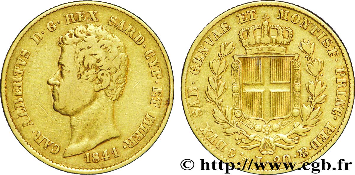 ITALY - KINGDOM OF SARDINIA 20 Lire Charles-Albert roi de Sardaigne 1841 Gênes VF 