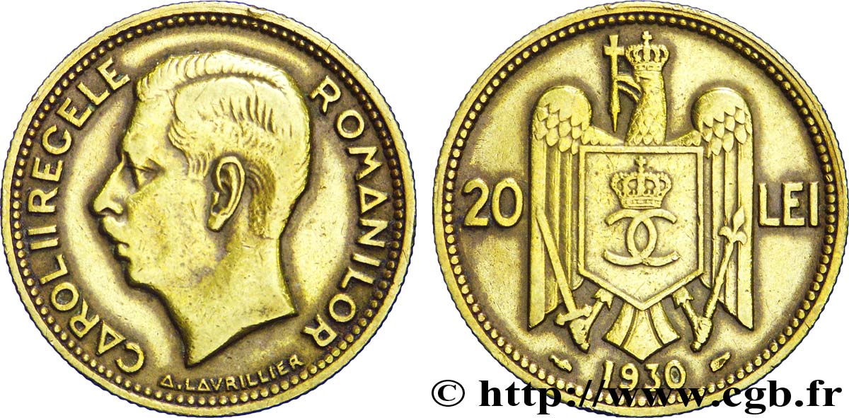 ROMANIA 20 Lei buste du roi Charles II 1930 Paris XF 