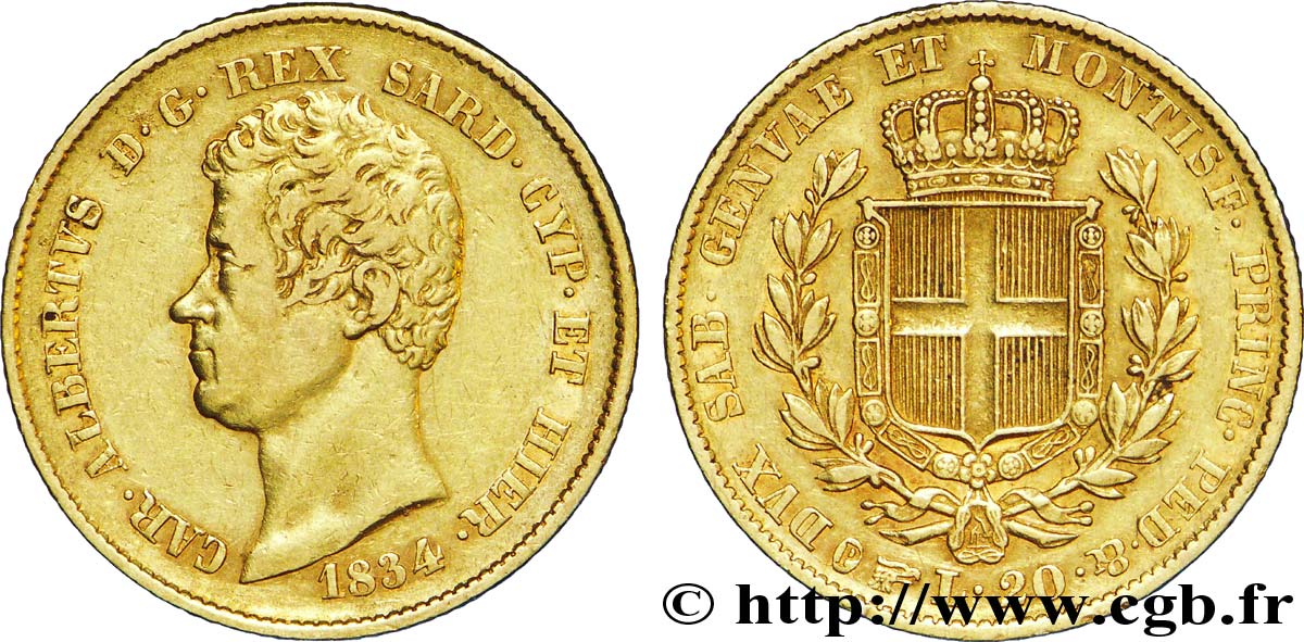 ITALY - KINGDOM OF SARDINIA 20 Lire Charles-Albert 1834 Turin XF PCGS