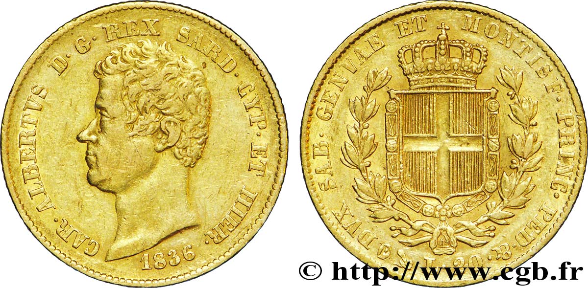 ITALY - KINGDOM OF SARDINIA 20 Lire Charles-Albert roi de Sardaigne 1836 Gênes XF 