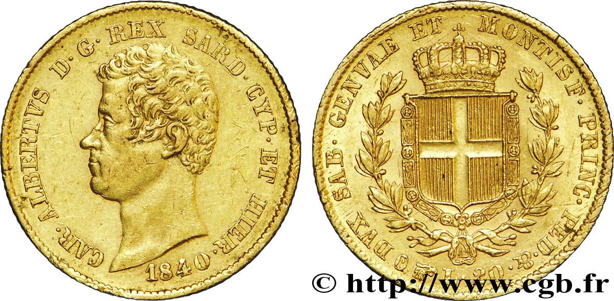 ITALY - KINGDOM OF SARDINIA 20 Lire Charles-Albert roi de Sardaigne 1840 Turin AU 