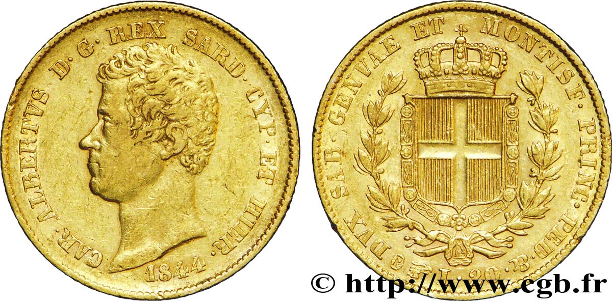 ITALIA - REGNO DE SARDINIA 20 Lire or Charles-Albert roi de Sardaigne / écu de Savoie 1844 Turin q.SPL 