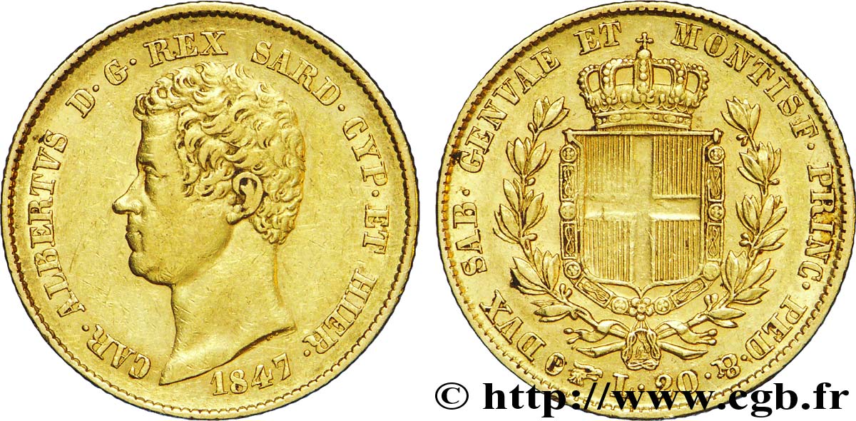 ITALIA - REINO DE CERDEÑA 20 Lire Charles-Albert roi de Sardaigne 1847 Turin MBC 