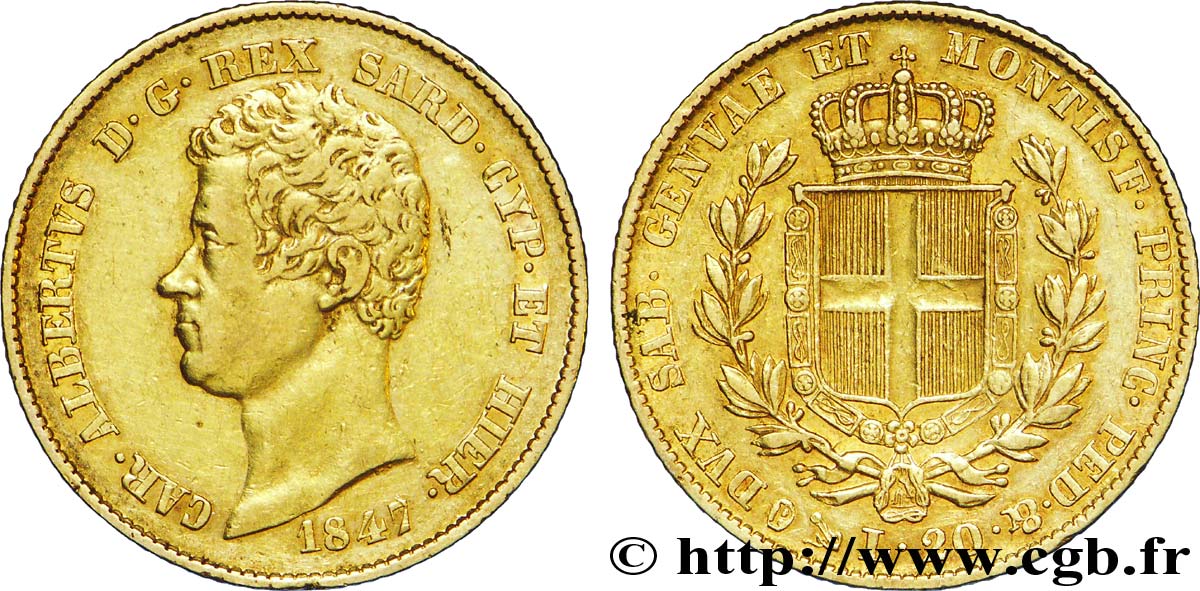 ITALY - KINGDOM OF SARDINIA 20 Lire Charles-Albert roi de Sardaigne 1847 Gênes XF 