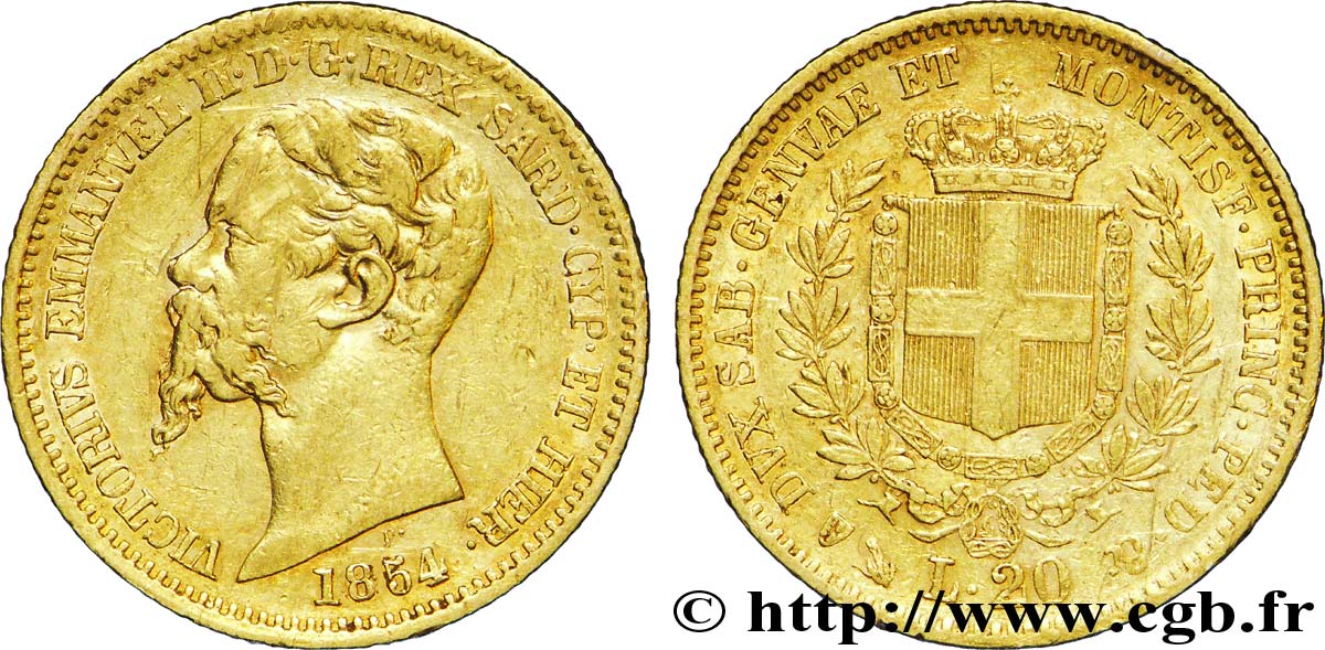 ITALIE - ROYAUME DE SARDAIGNE 20 Lire Victor-Emmanuel II roi de Sardaigne / armes de Savoie couronnées 1854 Gênes TB+ 
