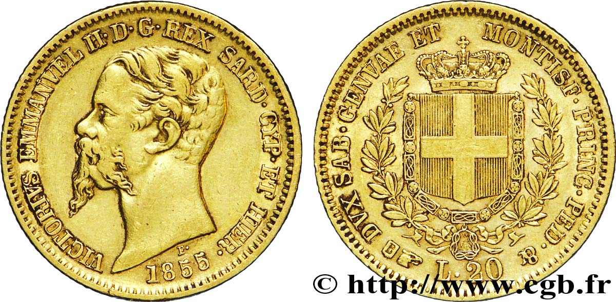 ITALIA - REGNO DE SARDINIA 20 Lire Victor-Emmanuel II roi de Sardaigne / armes de Savoie couronnées, variété au H 1855 Turin q.BB 