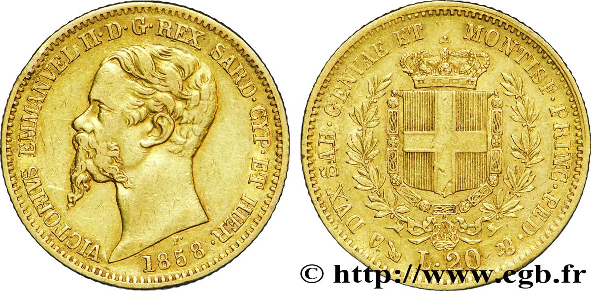 ITALIA - REINO DE CERDEÑA 20 Lire Victor-Emmanuel II roi de Sardaigne / armes de Savoie couronnées 1858 Gênes MBC+ 
