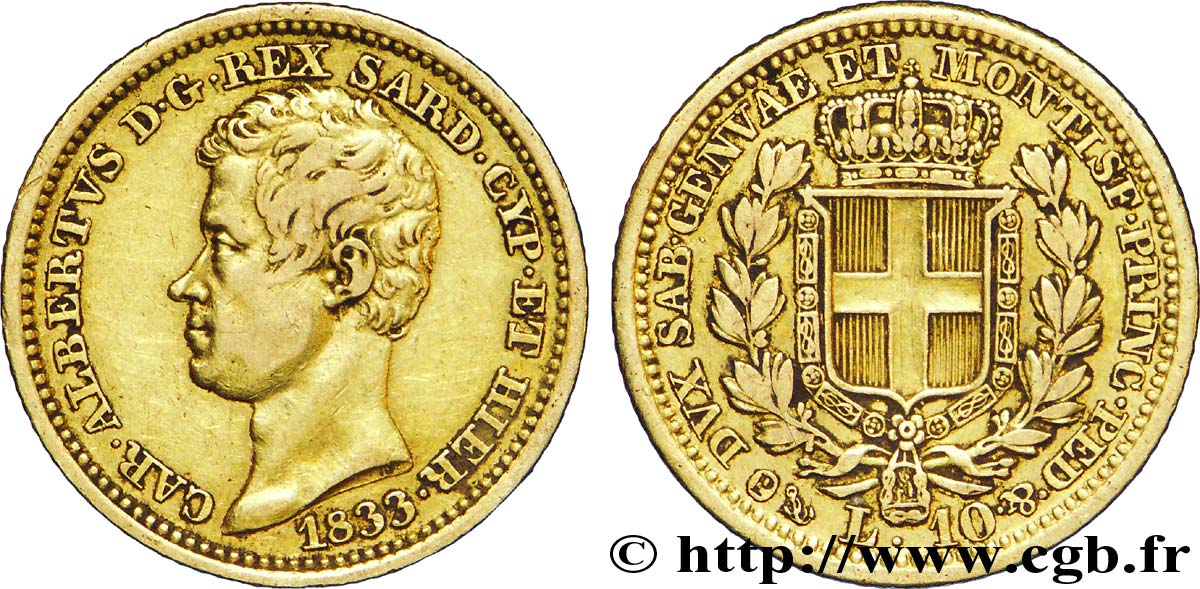 ITALIA - REINO DE CERDEÑA 10 Lire Charles-Albert roi de Sardaigne / armes de Savoie couronnées 1833 Gênes MBC 