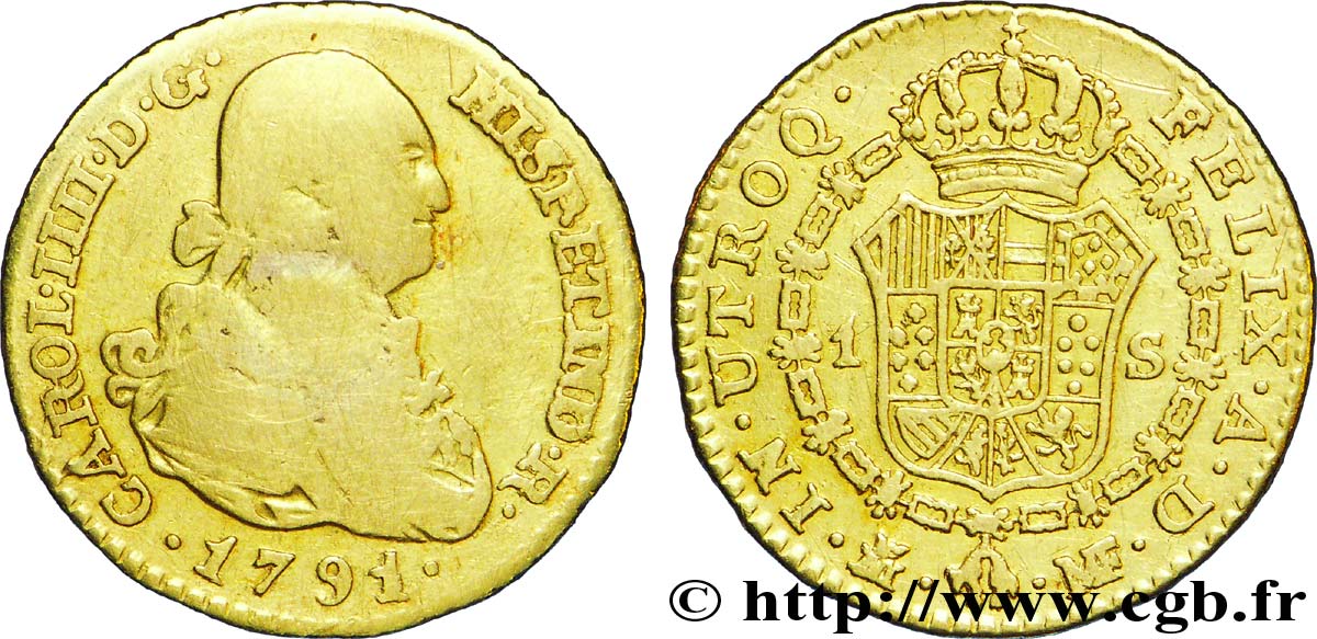 ESPAÑA 1 Escudo Charles III / armes 1791 Madrid BC 