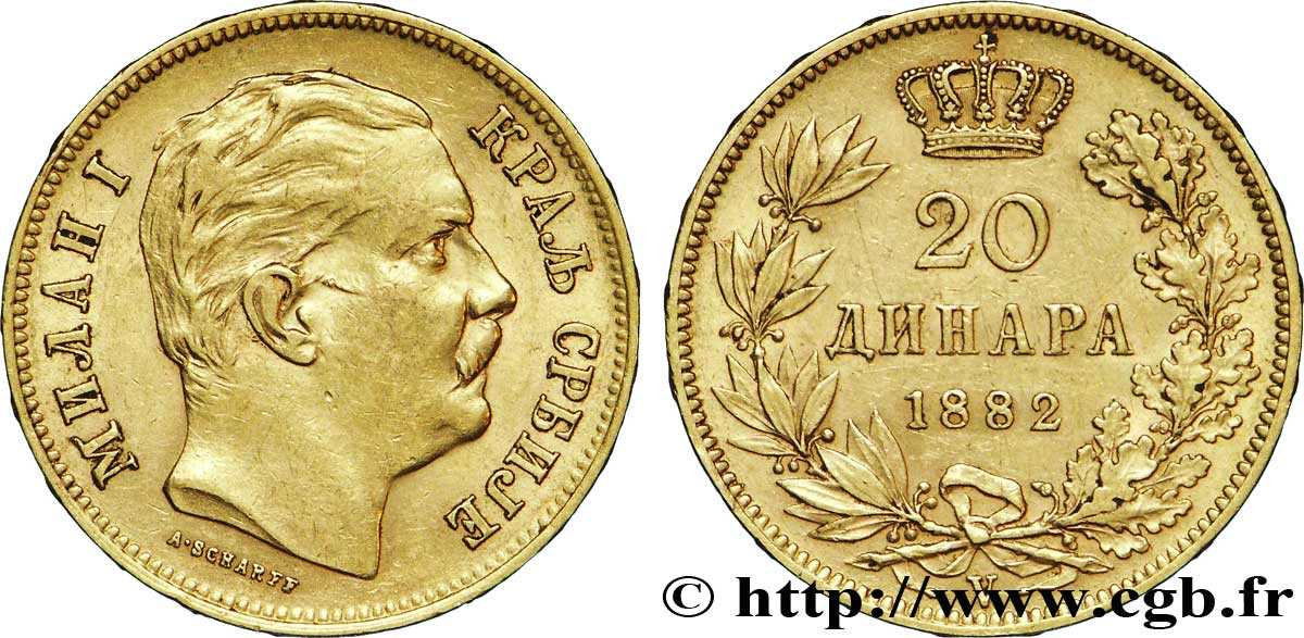 SERBIA 20 Dinara Milan IV Obrenovic 1882 Vienne EBC 