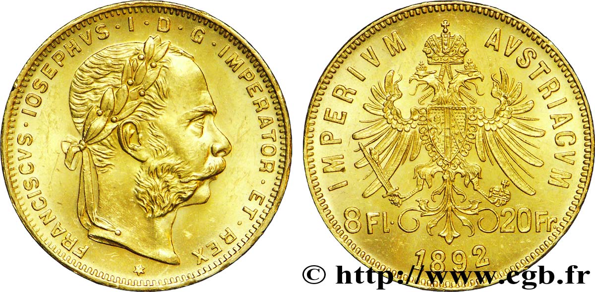 ÖSTERREICH 8 Florins ou 20 Francs or François-Joseph Ier / Aigle bicéphale couronnée 1892 Vienne fST 