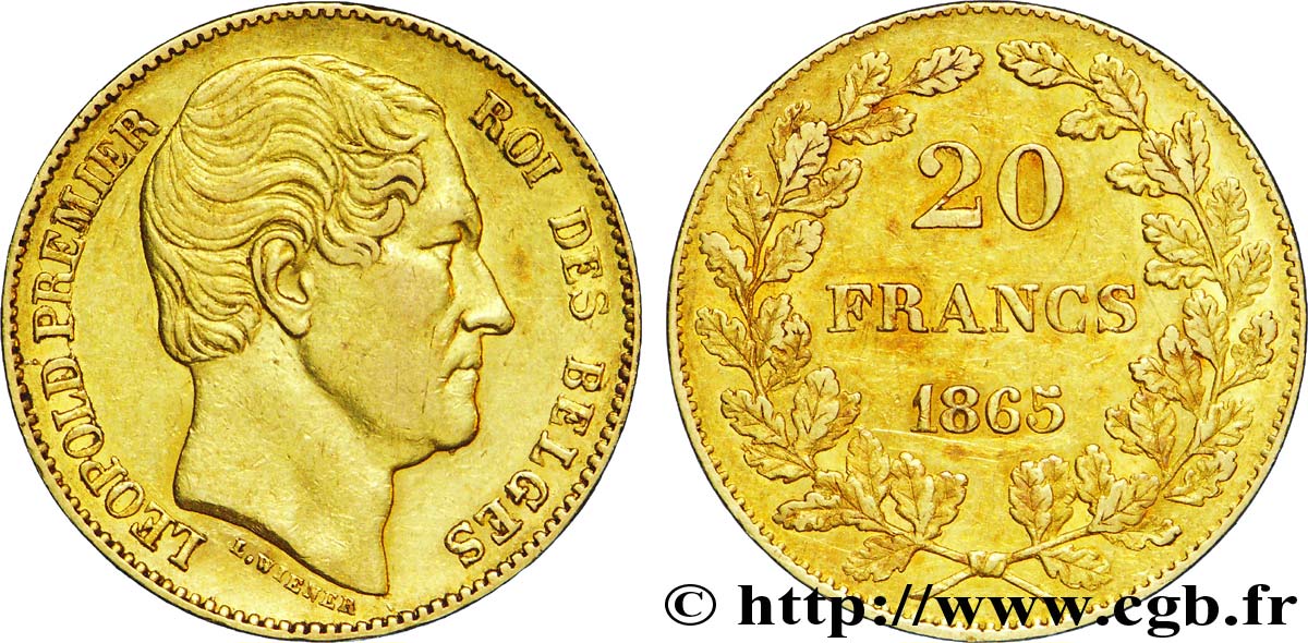 BELGIUM 20 Francs Léopold Ier 1865 Bruxelles AU 