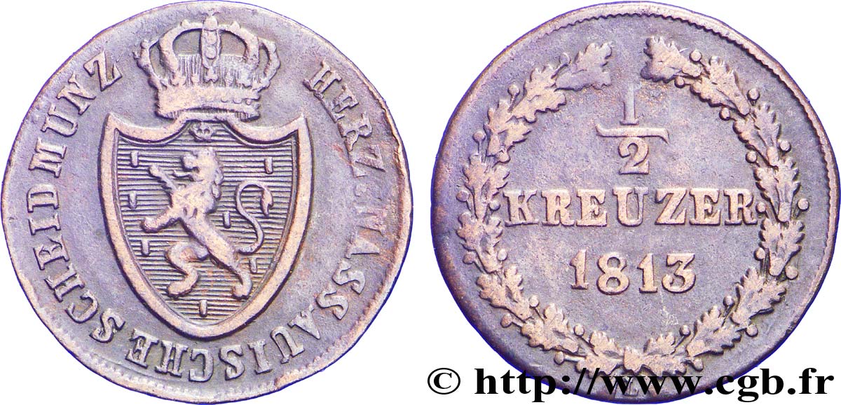 GERMANY - NASSAU 1/2 Kreuzer Grand-Duché de Nassau 1813  VF 
