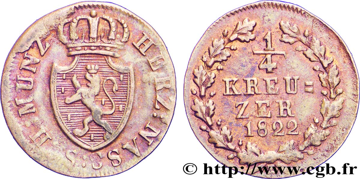 GERMANIA - NASSAU 1/4 Kreuzer Grand-Duché de Nassau 1822  q.BB 